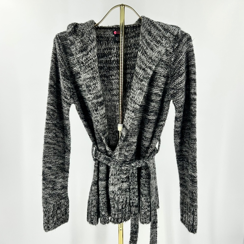Kiss It Womens Marled Knit Hooded Cardigan Sweater Black White Belted Large